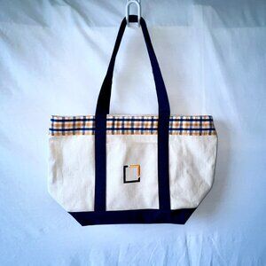Extra Large Canvas Boat Tote Plaid, Cream and Navy, NWOTS!